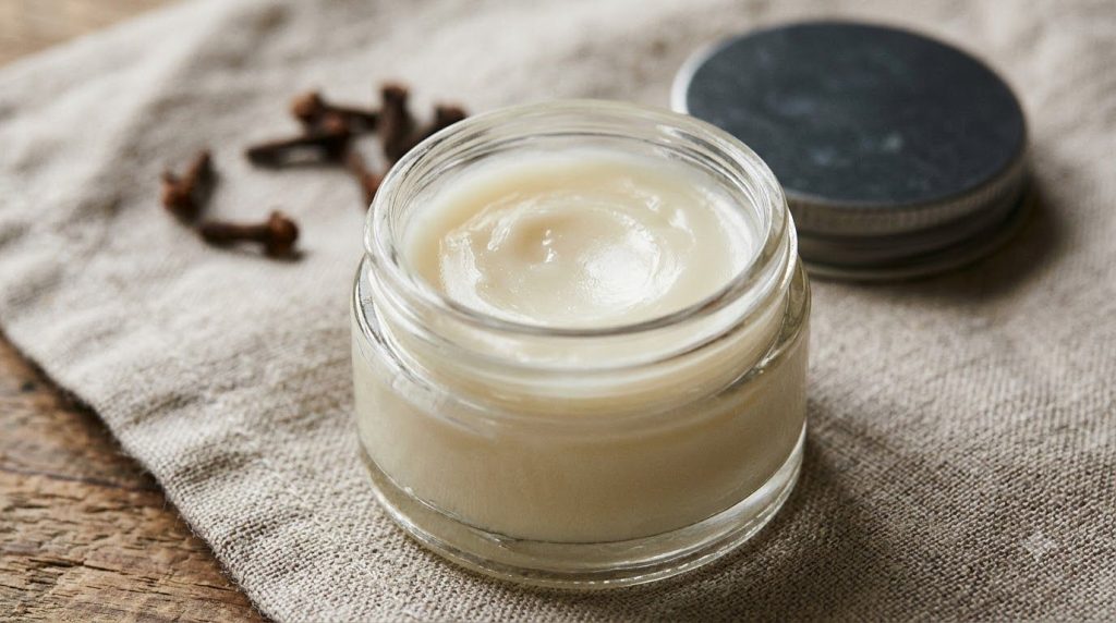 Close-up of a small glass jar filled with the prepared Vaseline and clove balm with a smooth creamy texture