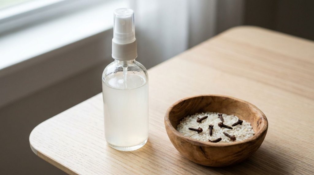 Close-up of a small glass spray bottle filled with a translucent liquid rice and clove elixir next to a small bowl of wh