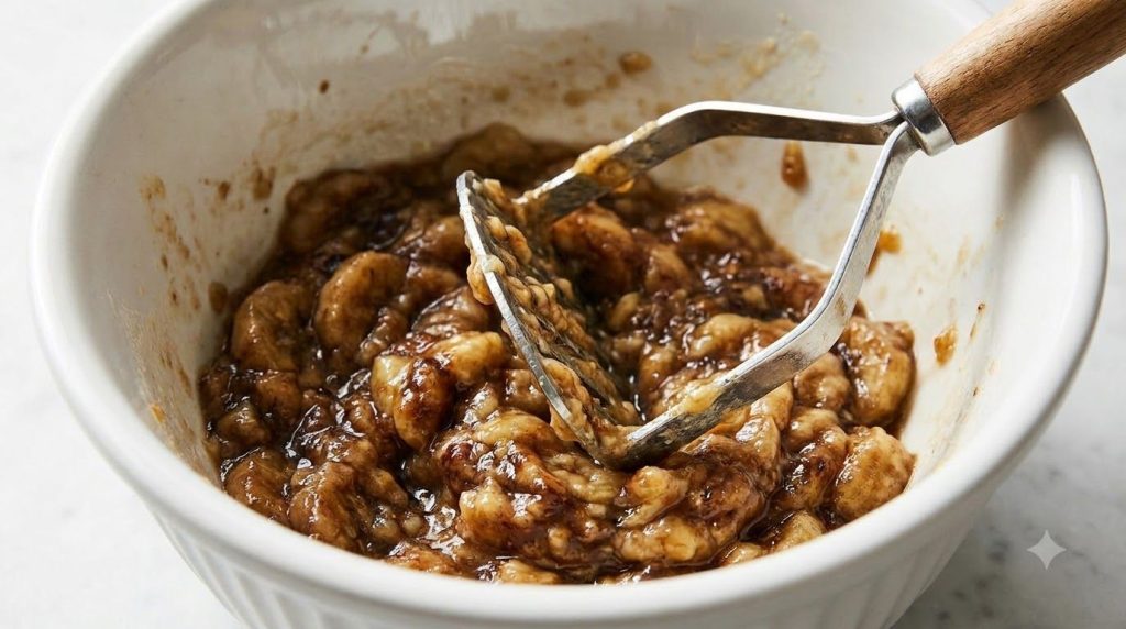 A mixing bowl with very ripe mashed bananas and a potato masher