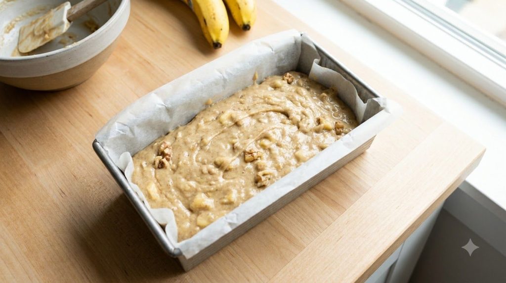 Banana bread batter poured into a prepared loaf pan ready for baking
