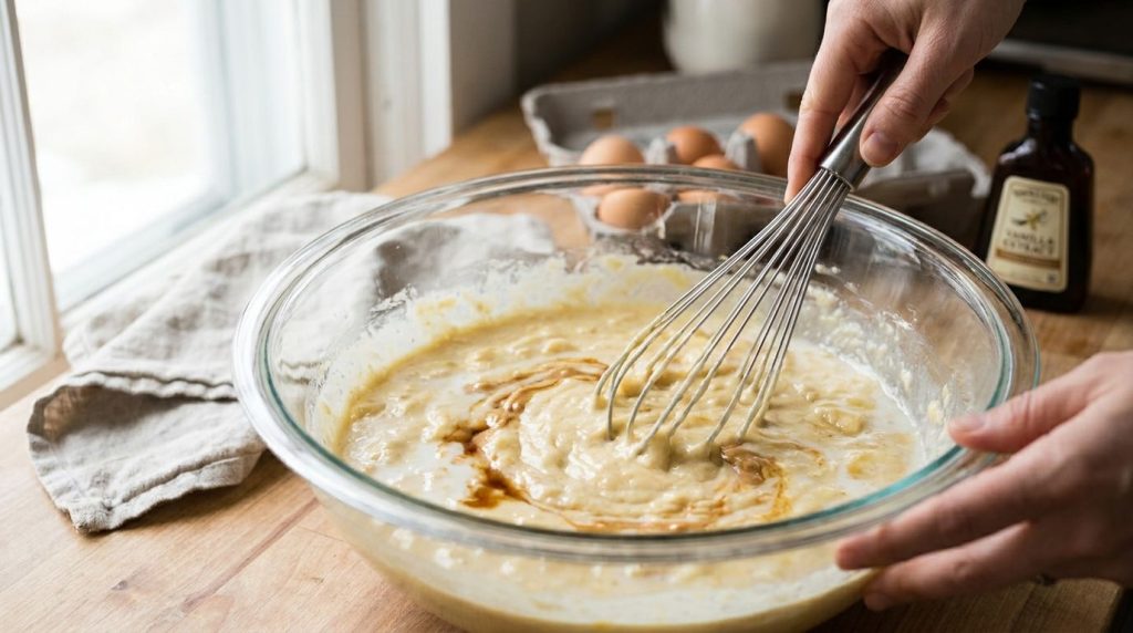 Wet ingredients mashed bananas peanut butter eggs etc being whisked in a bowl
