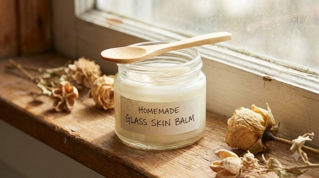 A close-up of a small glass jar filled with the homemade glass skin mixture with a tiny spoon resting on the rim The tex