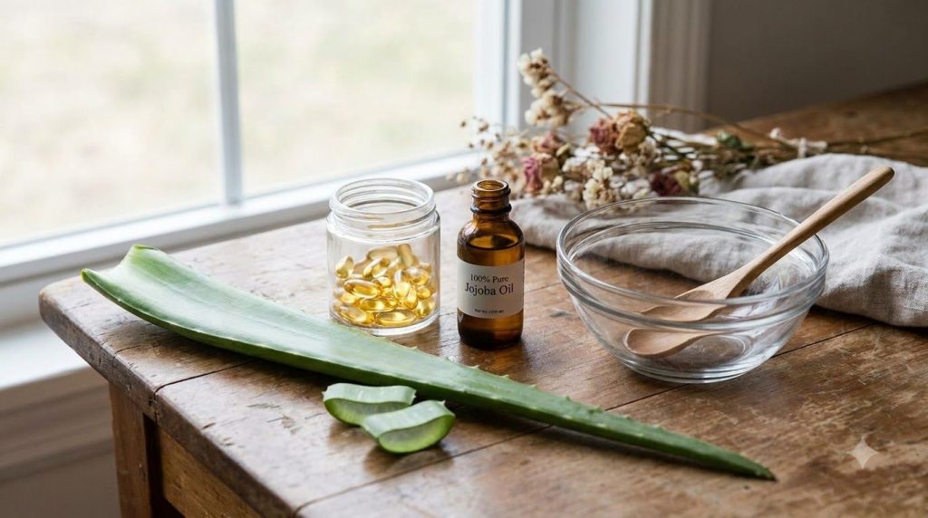 Various natural ingredients for DIY skincare like aloe vera vitamin E capsules and jojoba oil laid out on a wooden surfa