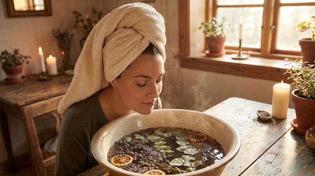 A woman relaxing with a towel over her head enjoying a facial steam from a bowl filled with aromatic herbs with soft lig