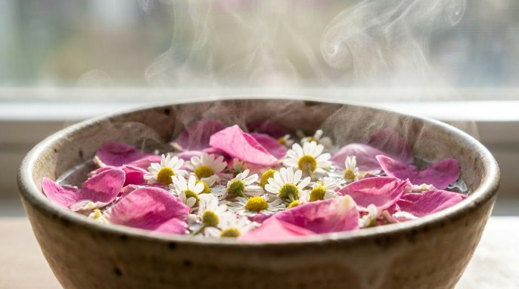 A close-up of a steaming bowl filled with rose petals and chamomile flowers showing the herbs infusing in hot water with