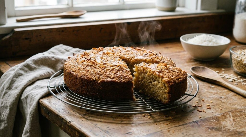 Golden-brown Easy Coconut Oat Cake cooling on a wire rack after baking with a slice already cut