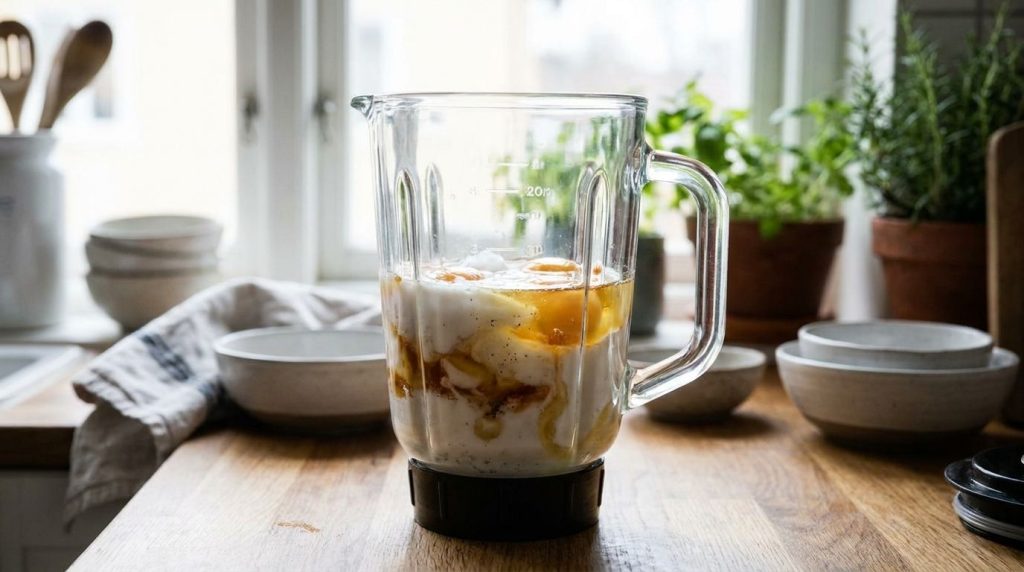 Blender with wet ingredients eggs coconut milk maple syrup coconut oil vanilla ready to be blended