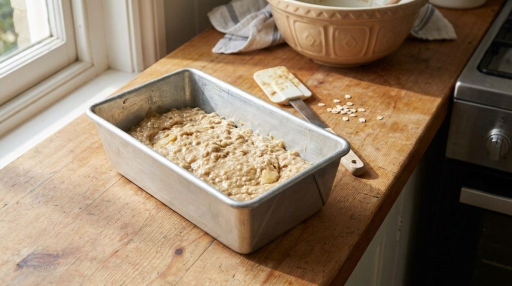 Oat and banana cake batter poured into a loaf pan ready for baking