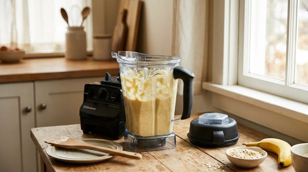 Blender filled with smooth oat and banana cake batter