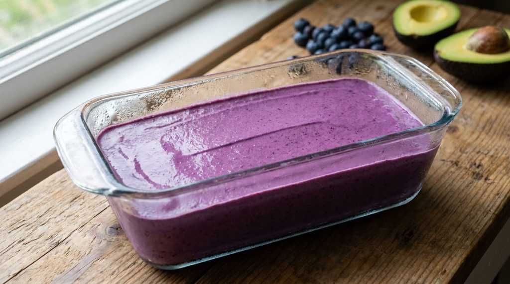 A freezer-safe container filled with the blended blueberry avocado ice cream mixture ready to be placed in the freezer
