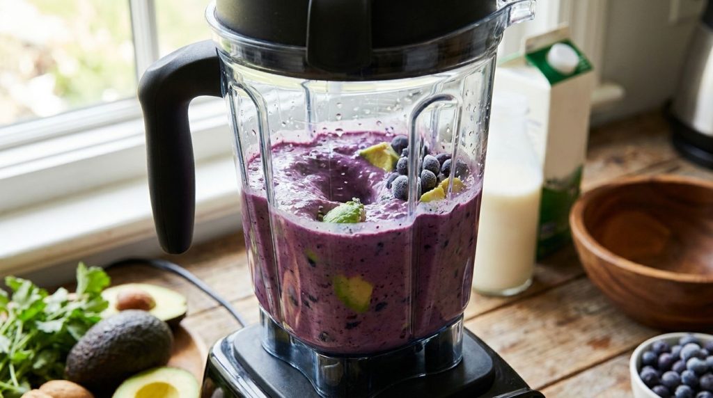 A blender with all the ingredients avocado blueberries liquid being blended into a smooth purple mixture