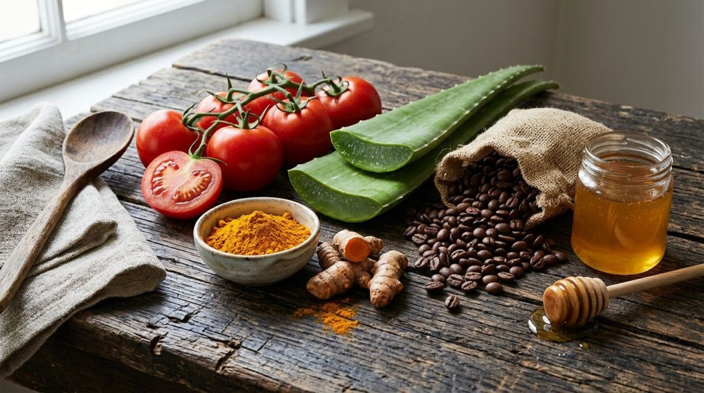 A variety of fresh ingredients for natural skincare including tomatoes turmeric powder coffee beans honey and an aloe ve