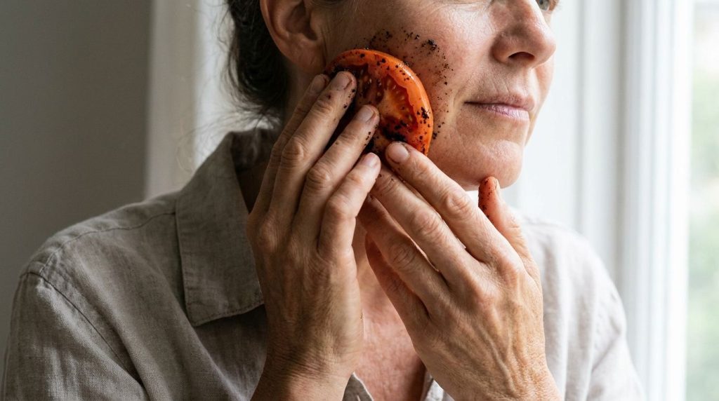 Hands gently rubbing a tomato half with coffee grounds on a person s cheek showing the exfoliating process
