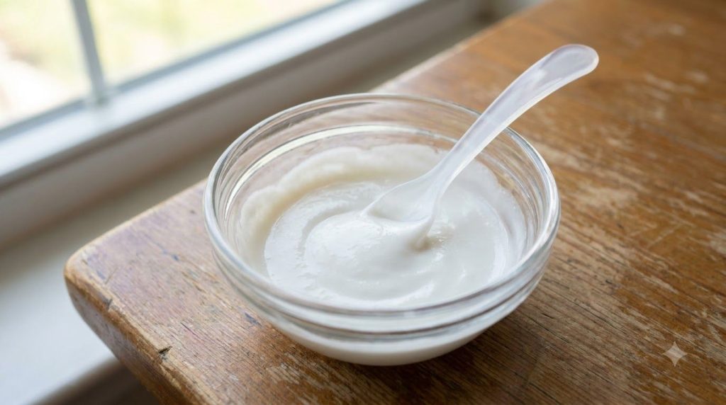 A close-up of a small glass bowl with the mixed paste of baking soda Vaseline and baby oil with a small spatula