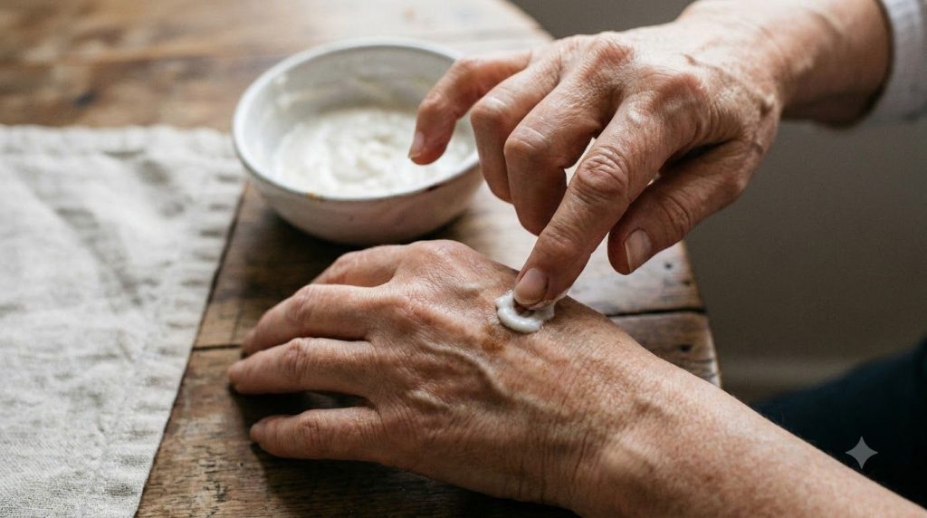 A woman gently applying the homemade paste to a small age spot on her hand focusing on the careful application