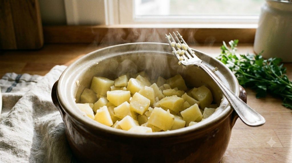 Boiled potato cubes in a pot ready for mashing