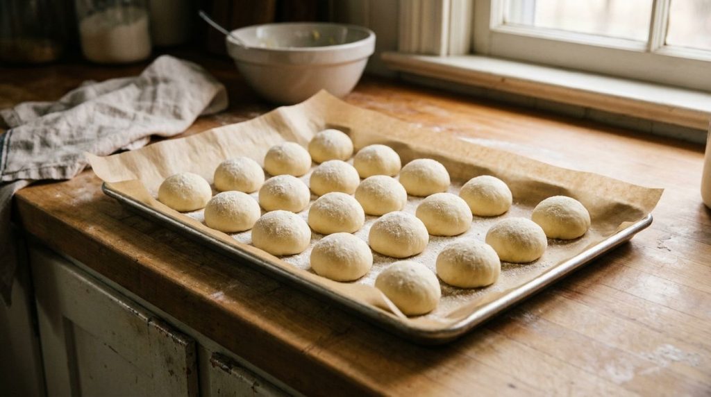 Raw potato bun dough shaped on a baking sheet before baking