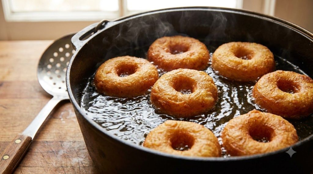 Golden-brown potato donuts frying in hot oil in a cast-iron pot