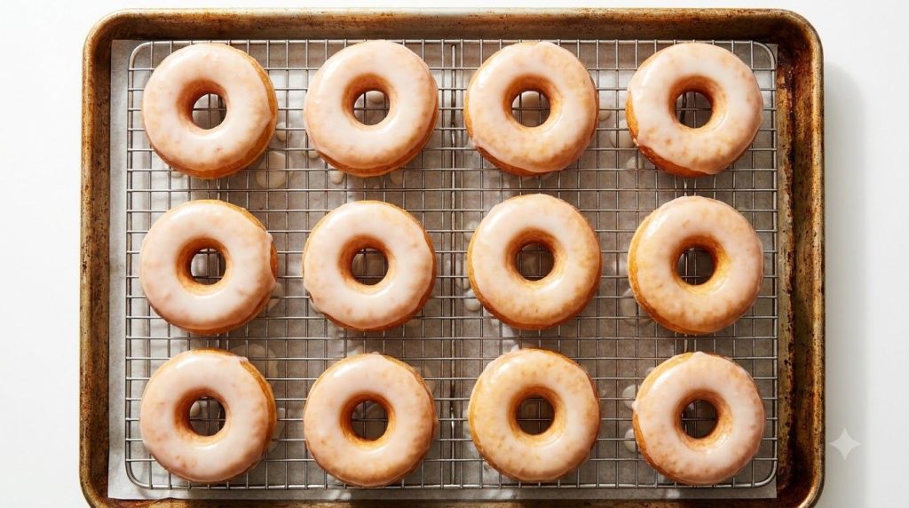 Glazed potato donuts cooling on a wire rack with a baking sheet underneath