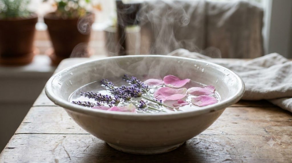 A close-up of a ceramic bowl filled with hot water and various fresh herbs like lavender and rose petals with steam gent