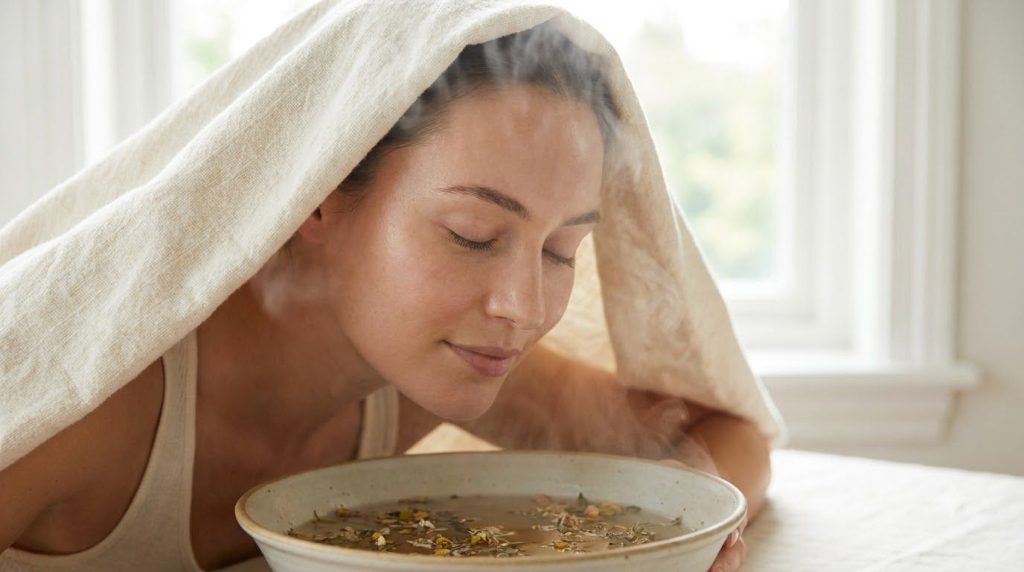 A woman with a towel over her head leaning over a bowl of steaming herbal water enjoying a facial steam Her eyes are clo