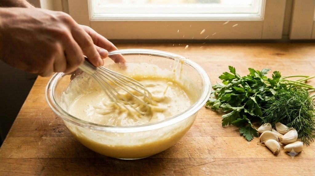 A close-up of a hand whisking ingredients in a glass bowl to create a creamy dipping sauce Fresh herbs and garlic are vi