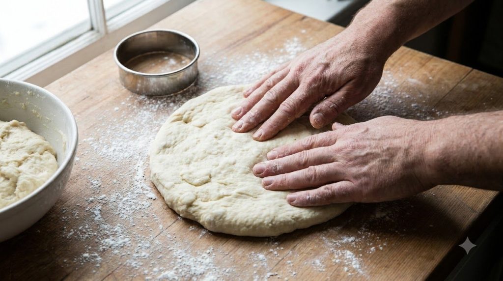 Raw potato donut dough being rolled out and cut on a cornstarch-dusted surface