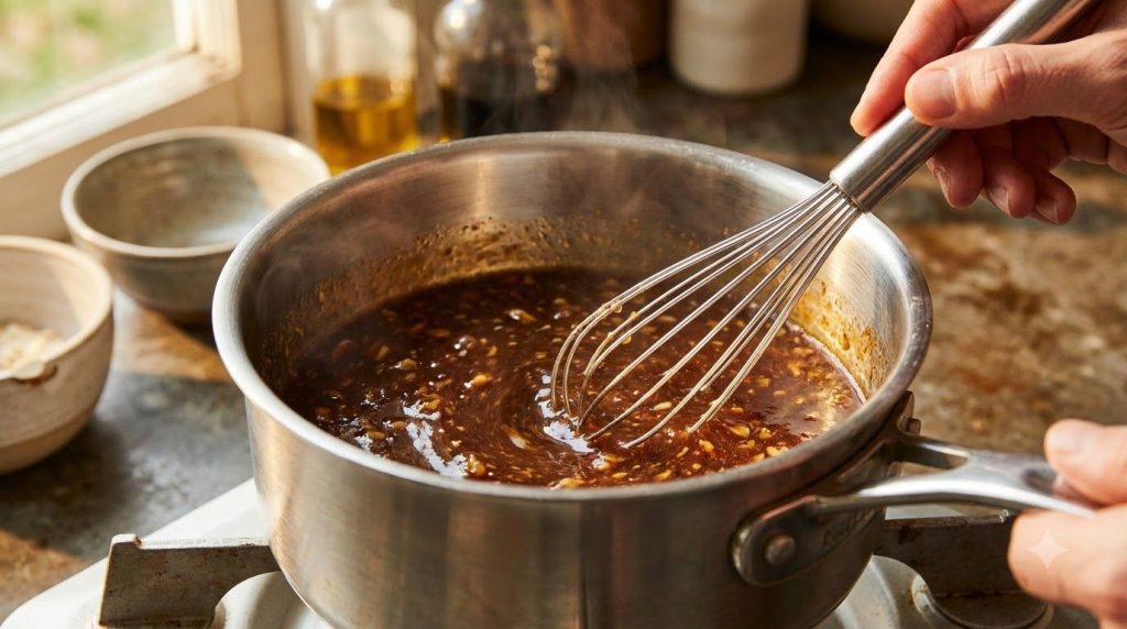 Close-up shot of a classic stir-fry sauce simmering in a small saucepan with a whisk stirring it gently The sauce is glo
