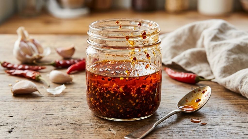 A vibrant spicy chili garlic sauce cooling in a glass jar showing visible chili flakes and minced garlic suspended in re