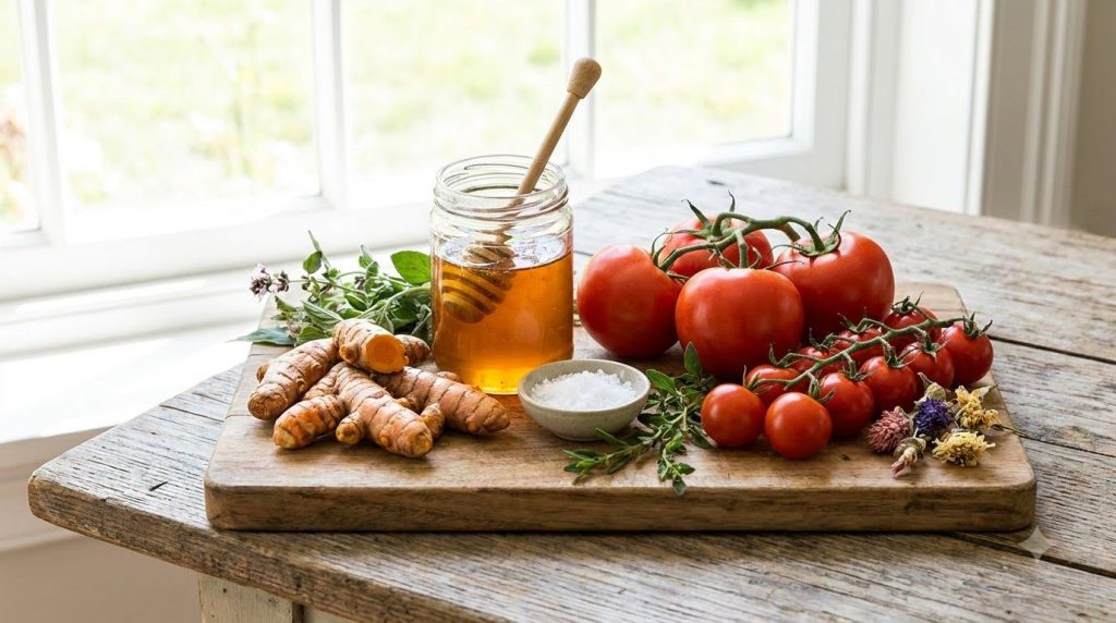 A collection of fresh vibrant natural ingredients on a wooden board including turmeric roots honey in a jar and ripe tom