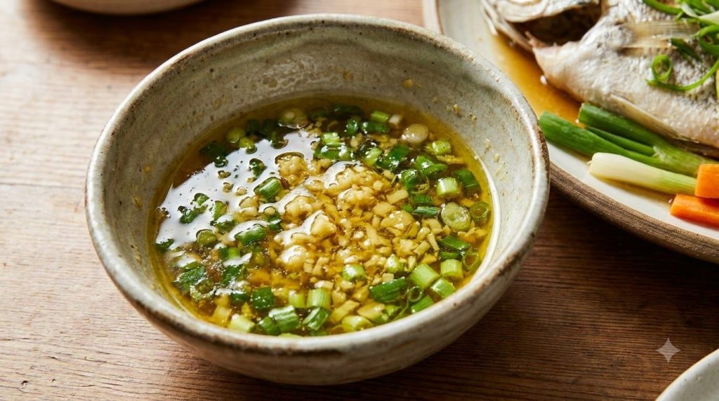 A close-up of fragrant ginger scallion oil in a small ceramic bowl with visible minced ginger and green onions ready for