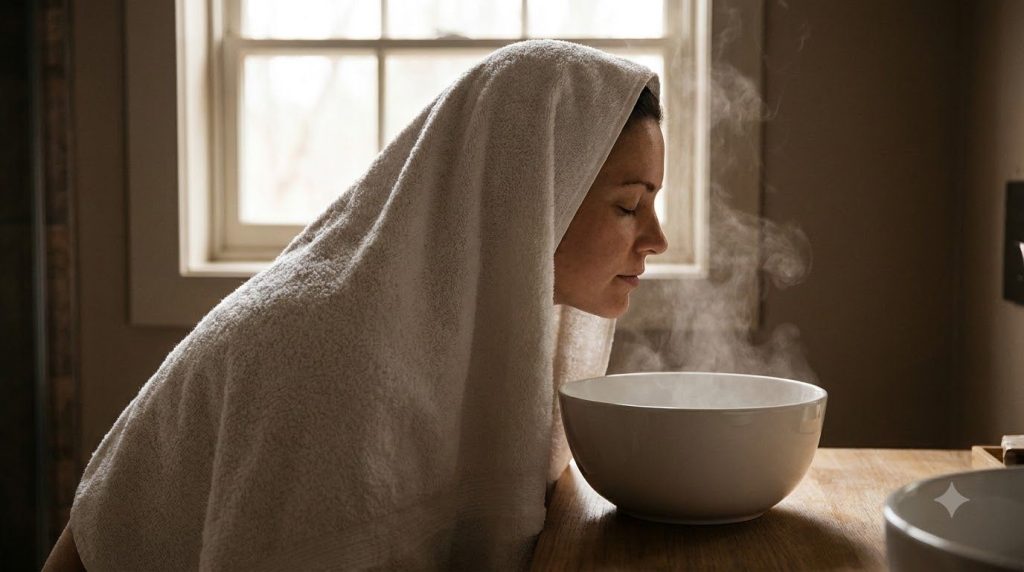 A woman with a towel over her head leaning over a bowl of steaming herbal water enjoying a facial steam at home