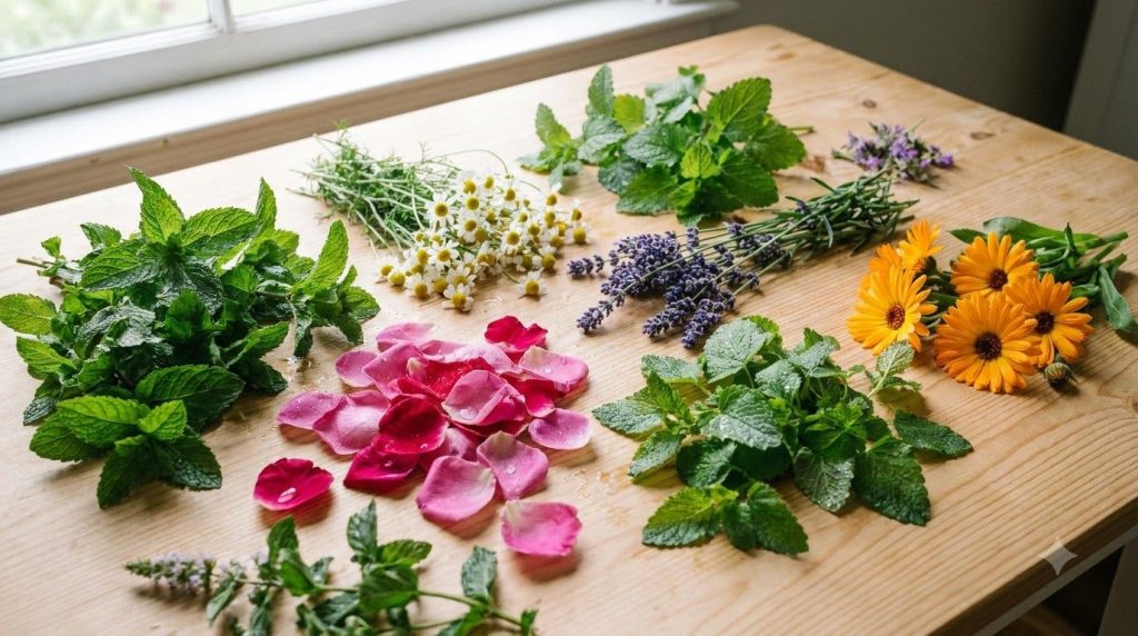 A collection of fresh herbs and flowers laid out on a clean surface ready for a beauty remedy possibly with a small towe