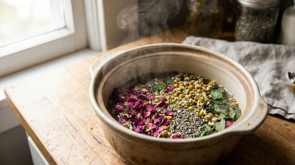 A pot of hot water with various herbs infusing with steam gently rising A lid is partially covering the pot