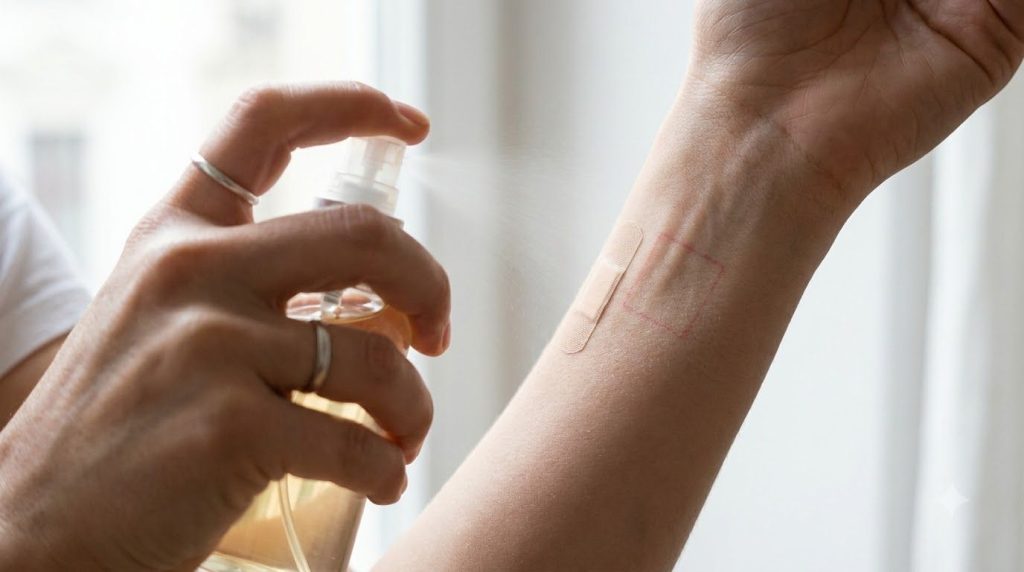 A close-up of a person s hand spraying the light yellow Rice Clove liquid onto their clean cheek demonstrating a patch t