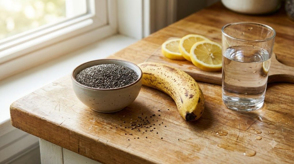 Ingredientes para la bebida de colágeno semillas de chía plátano limón y agua