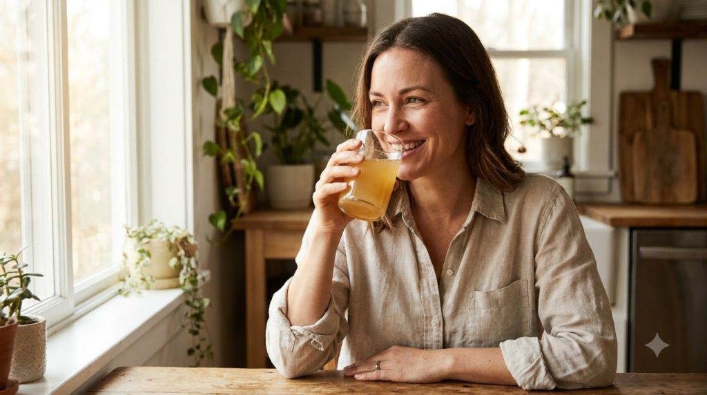 Mujer sonriente disfrutando de la bebida de colágeno en un vaso transparente