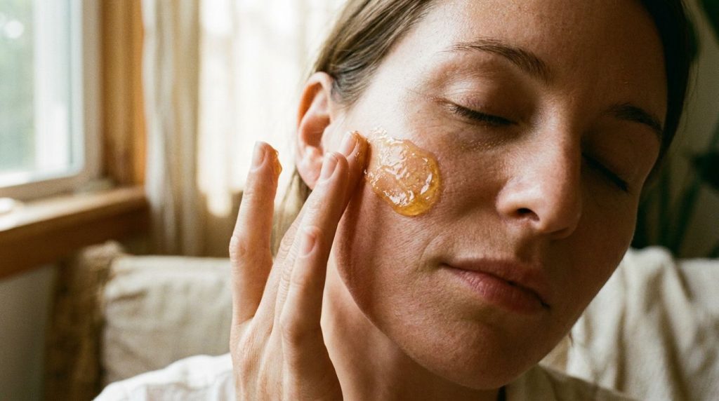 Primer plano de una mano aplicando suavemente una mascarilla facial de color dorado en el rostro de una mujer resaltando