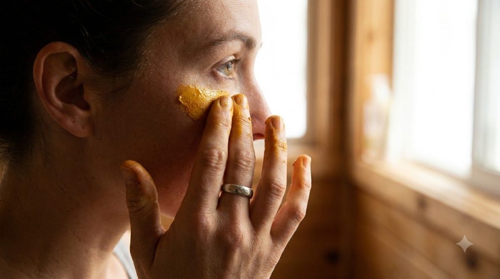 Close-up of a person gently applying a natural eye mask made of turmeric and honey to their under-eye area