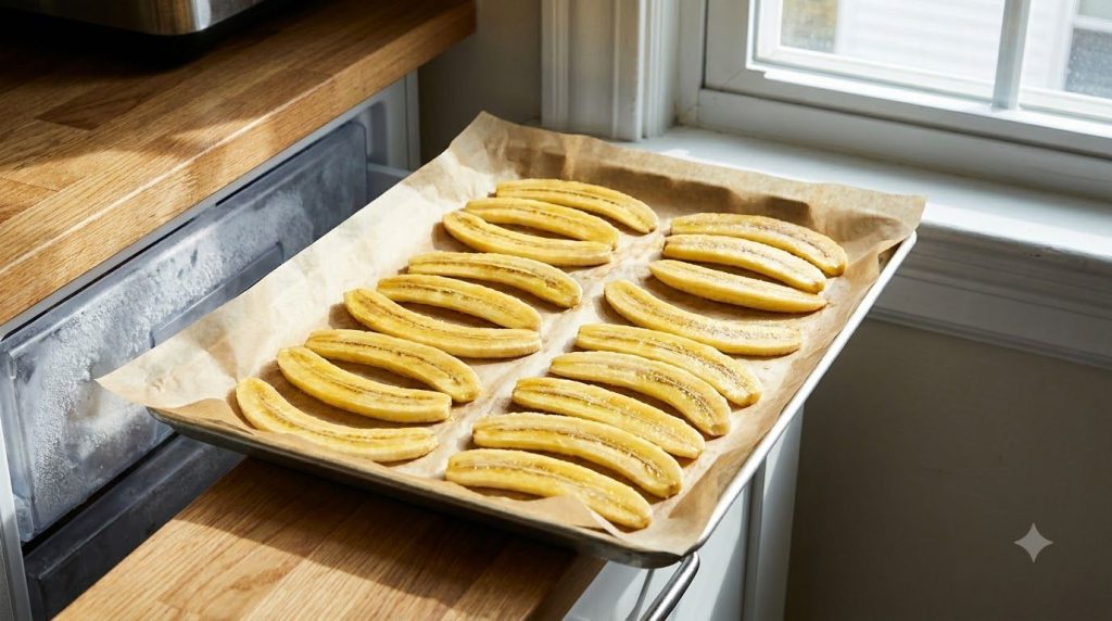 Sliced ripe bananas arranged on a parchment-lined baking sheet ready for freezing