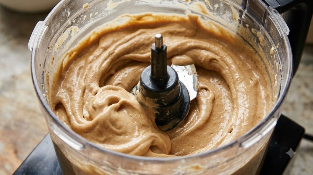 The blended creamy peanut butter banana mixture inside a food processor resembling soft-serve ice cream
