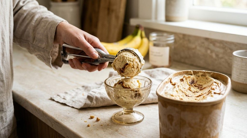 A hand scooping the finished peanut butter banana ice cream into a dessert bowl