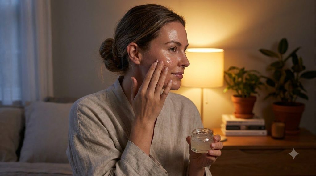 Mujer aplicando suavemente el gel nocturno casero en su rostro limpio antes de acostarse con una piel que luce radiante