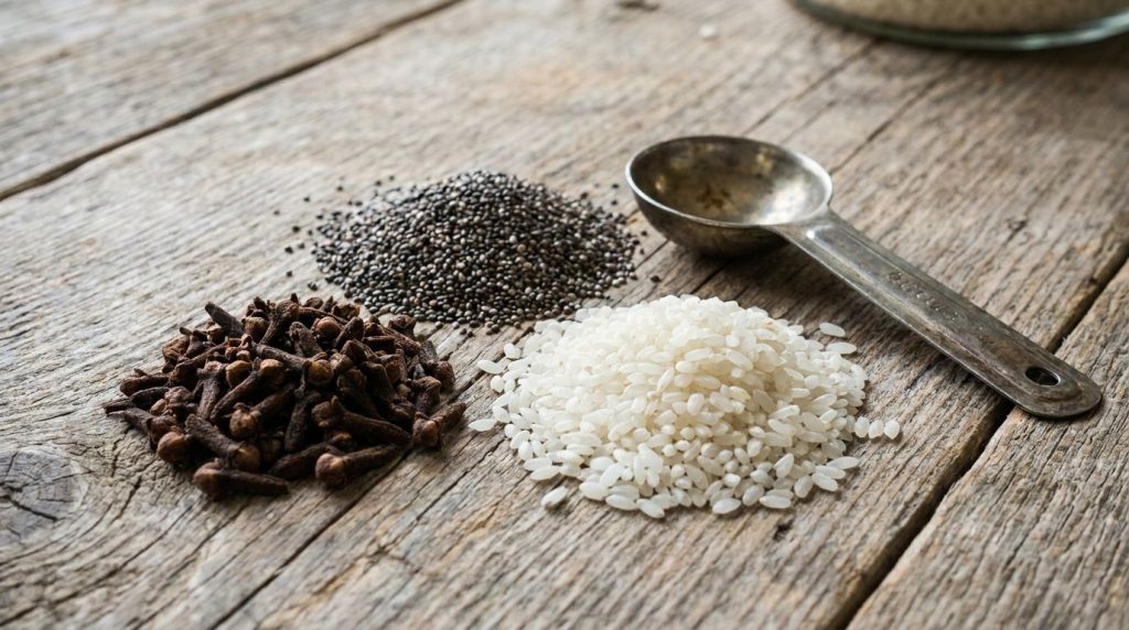 Close-up of cloves chia seeds and rice being measured and prepared for an oil infusion