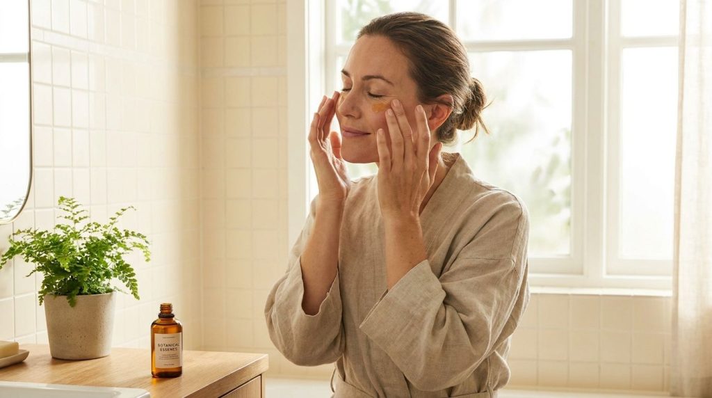 A woman gently applying a few drops of facial oil to her clean face focusing on the under-eye area with soft lighting