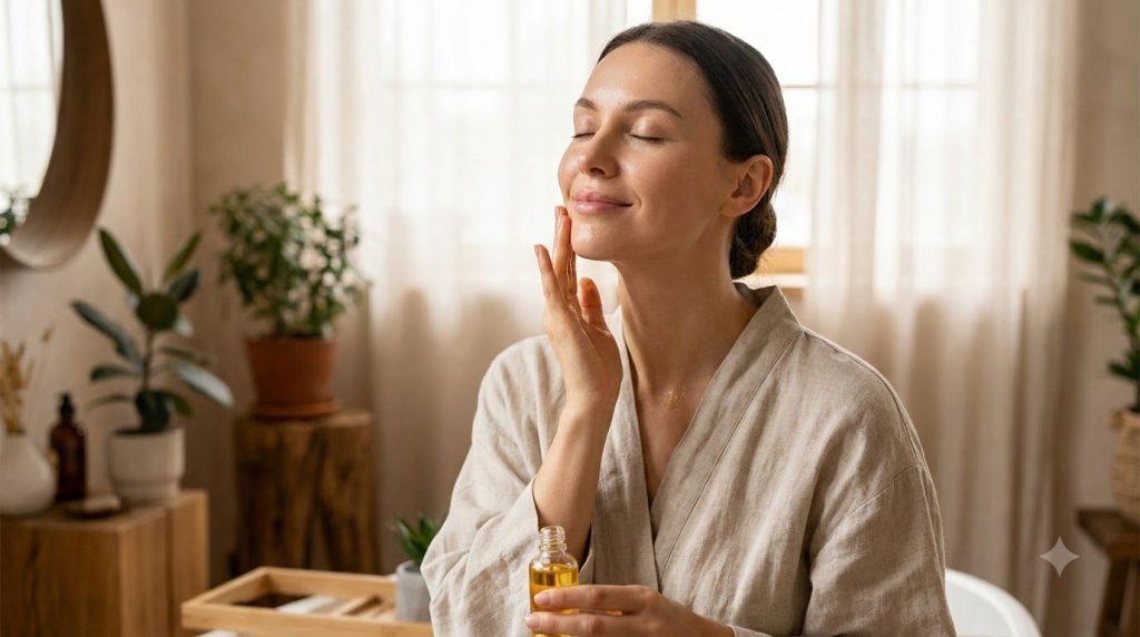 A woman gently massaging a few drops of facial oil onto her clean face with her fingertips