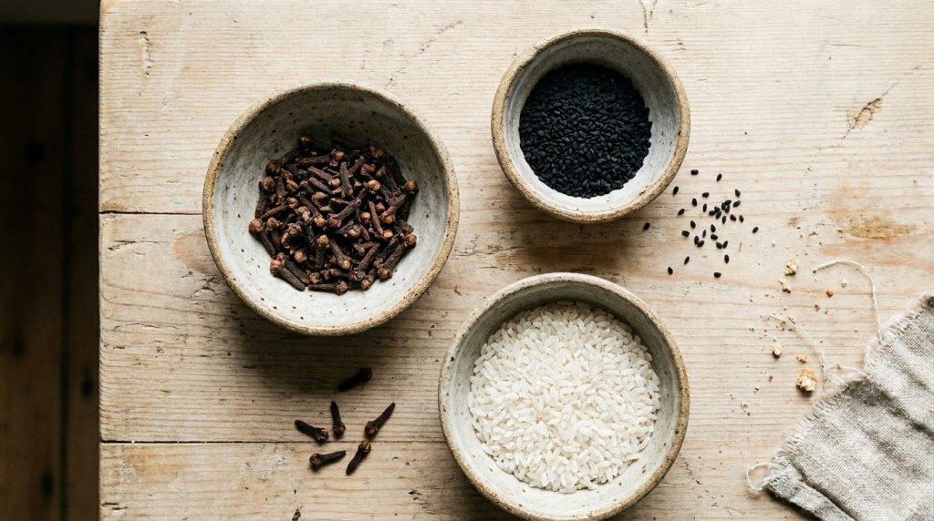 Ingredients for the oil blend cloves small black seeds and rice laid out in separate small bowls on a wooden surface