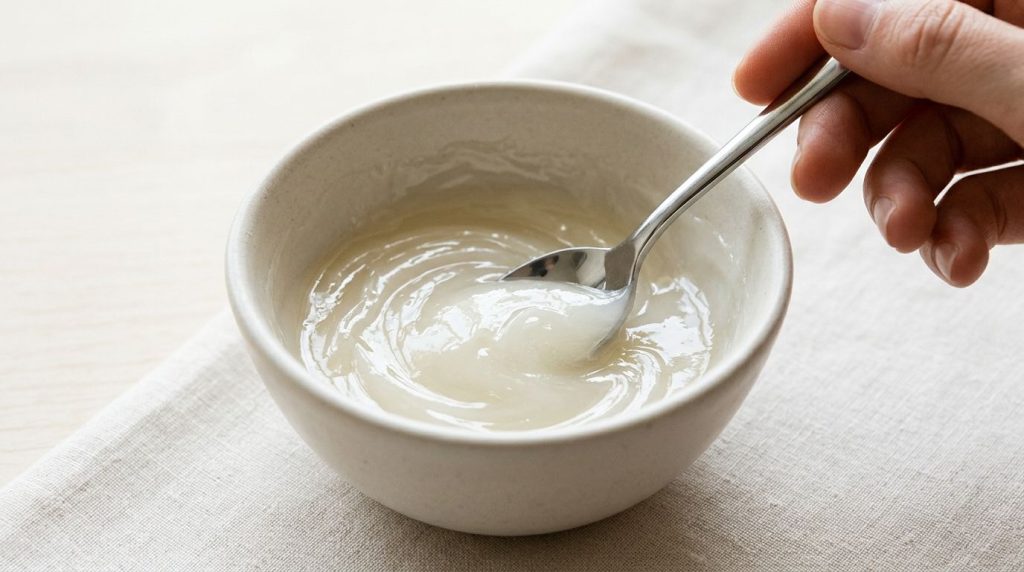 A small clean bowl containing a creamy mixture of Vaseline and baby oil with a spoon or spatula mixing it on a minimalis