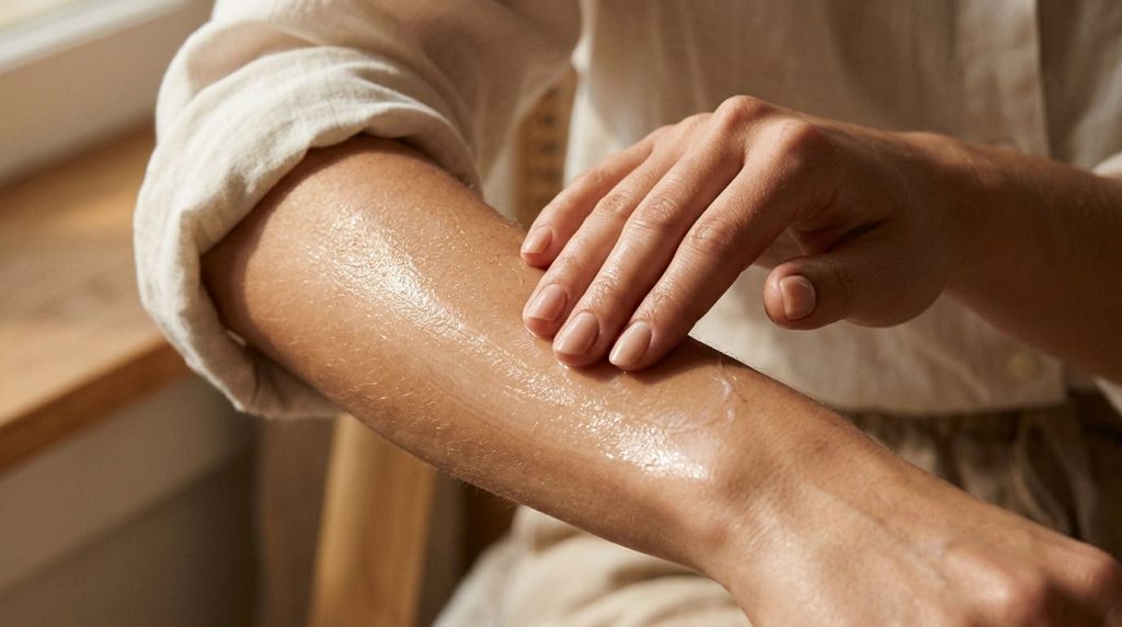 A hand gently applying the shiny Vaseline and baby oil mixture to a forearm demonstrating the glass skin effect with a l