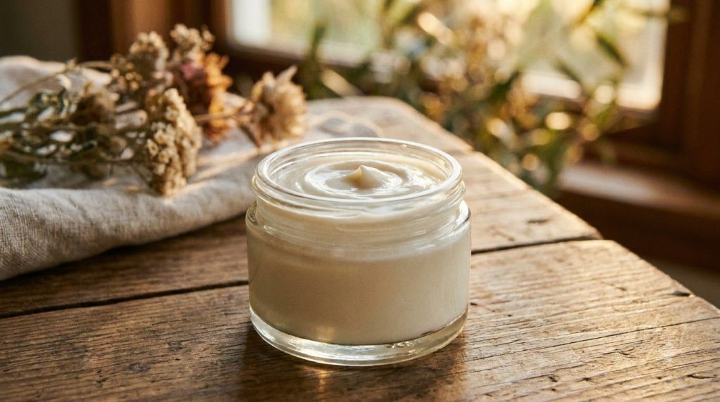 A close-up of the homemade age-defying cream in a small glass jar with a soft creamy texture The background is blurred s